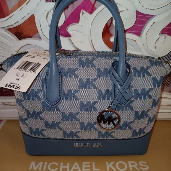 NEW! Michael Kors Hyde Small Satchel Crossbody Handbag MK Logo Jacquard - Picture 1 of 3